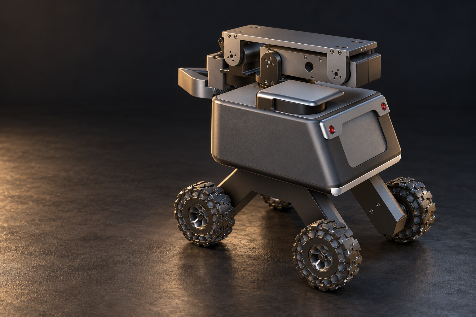 Studio visualisation of Robi’s four-wheel chassis and folded robotic arm