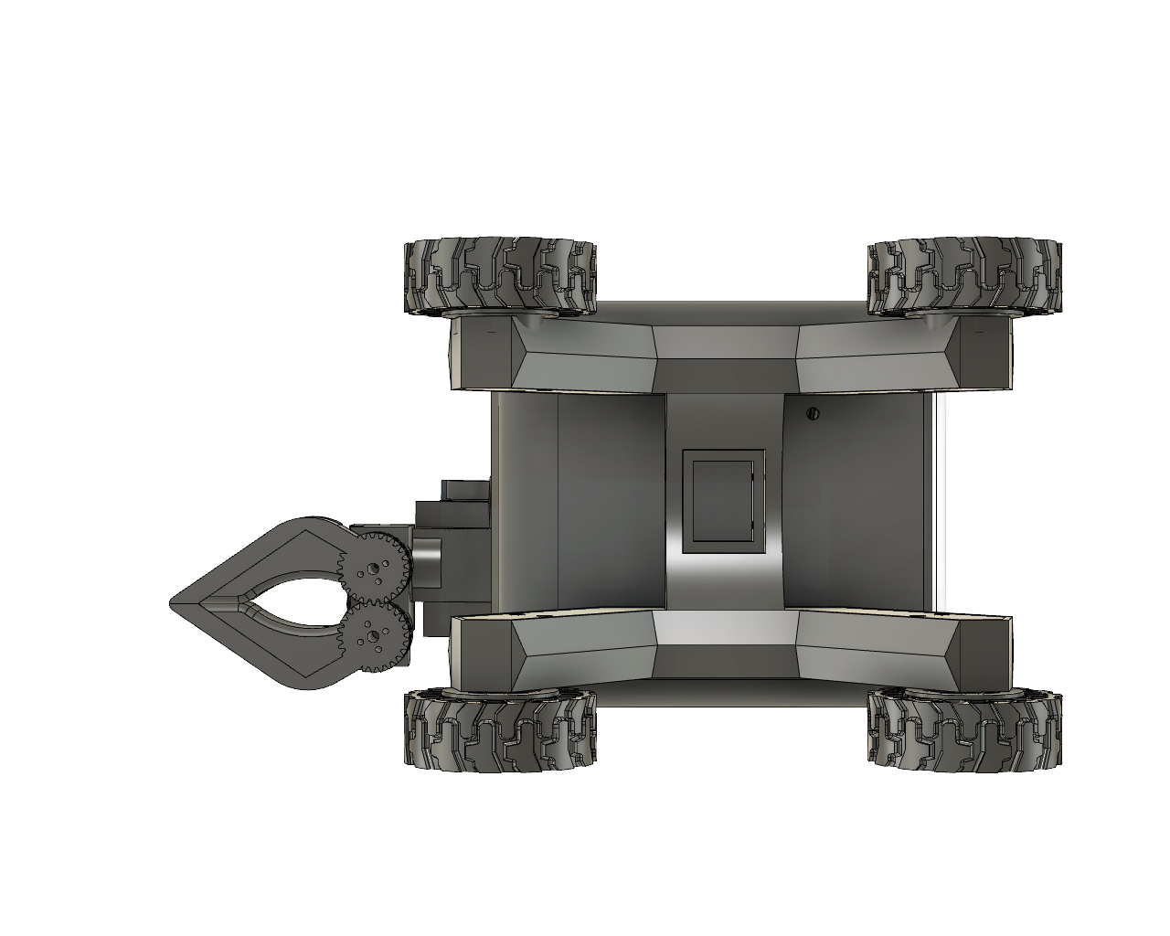 Top view of Robi showing four wheels and gripper